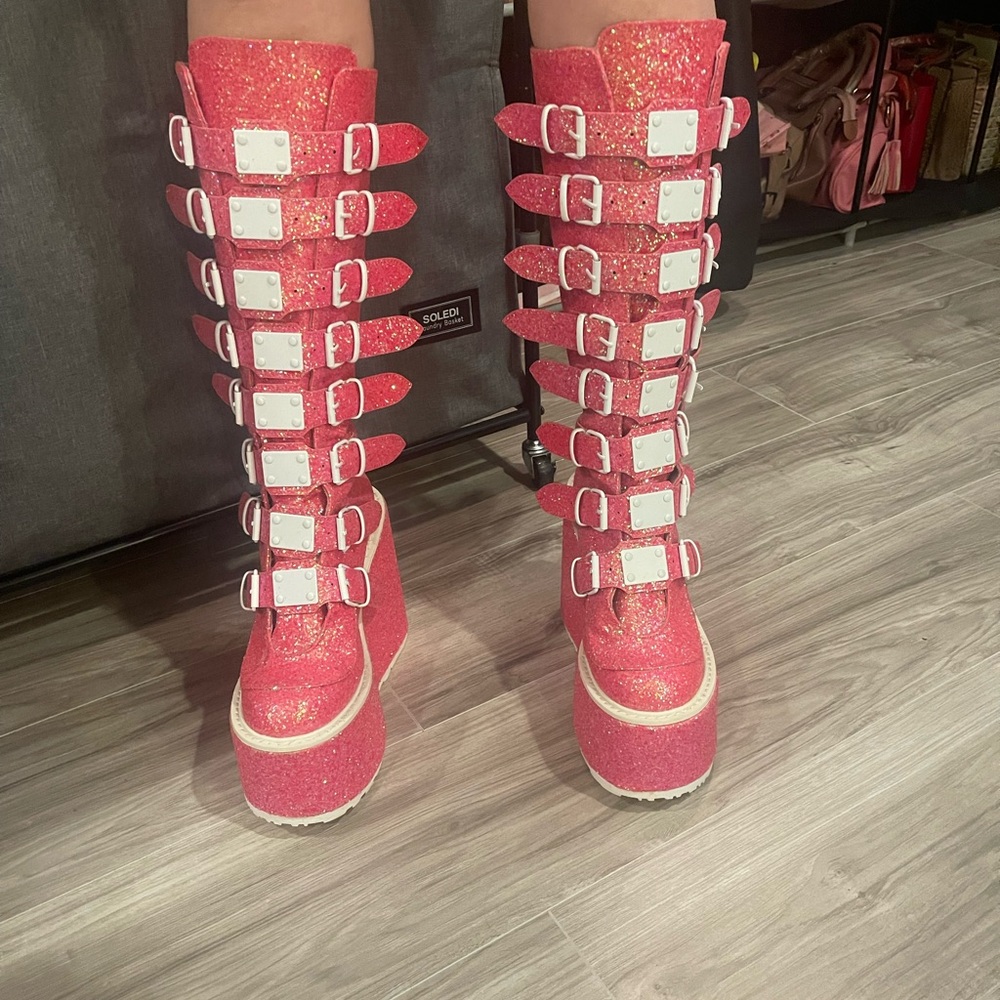 Pink Platform Knee-High Boots with Straps